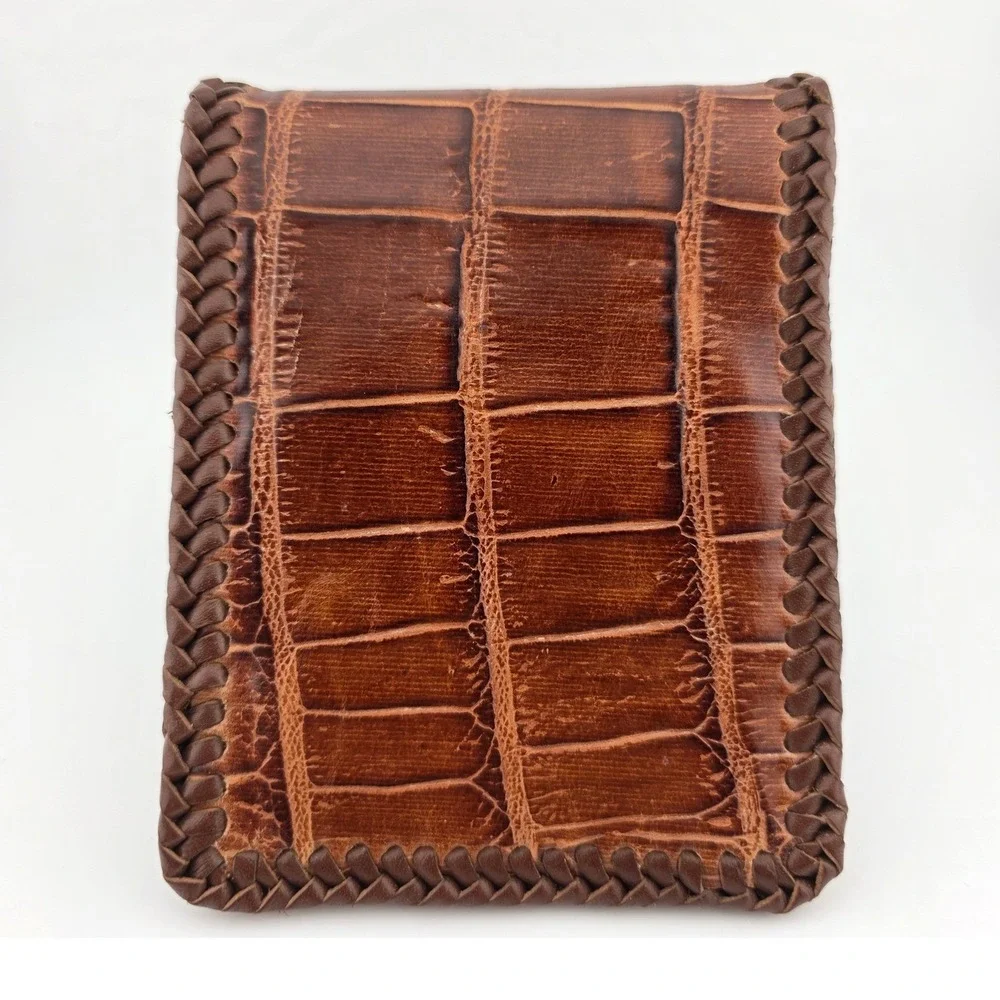 Handmade Brown Alligator Embossed Leather Bifold Wallet Braided Trim - Excellent